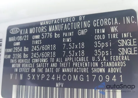 2021 Kia Telluride Lx z USA, uszkodzony, nr VIN 5XYP24HC0MG170941